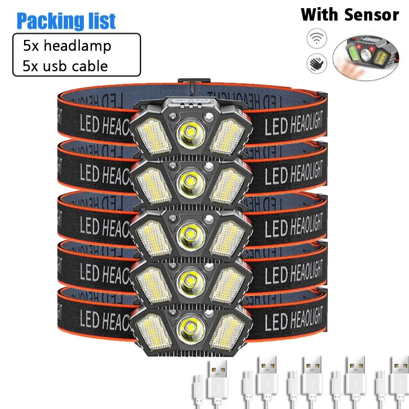 Portable Headlamp with Wave Sensor 5 Modes XPE+COB LED Red Caution Light USB Rechargeable Head Lamp For Fishing Camping Hiking-WAYBIKER