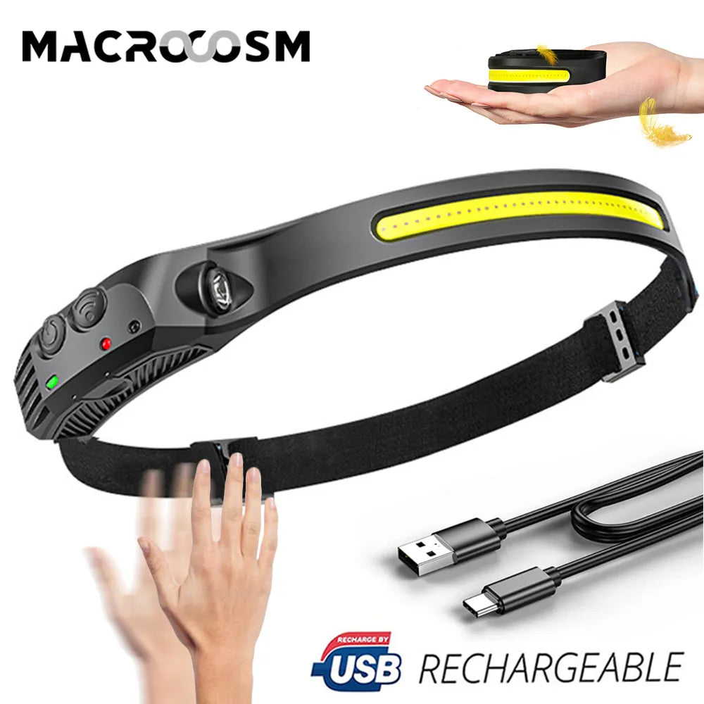 COB Headlamp Sensor Head Flashlight Soft Light Strip WaterproofCamping Fishing Work Lamp USB Rechargeable LED Headlight-WAYBIKER