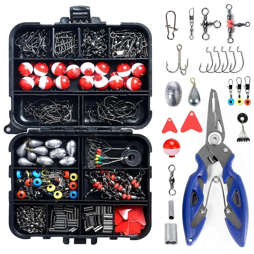 263pcs Fishing Accessories Set with Tackle Box Including Plier Jig Hooks Sinker Weight Swivels Snaps Sinker Slides-WAYBIKER