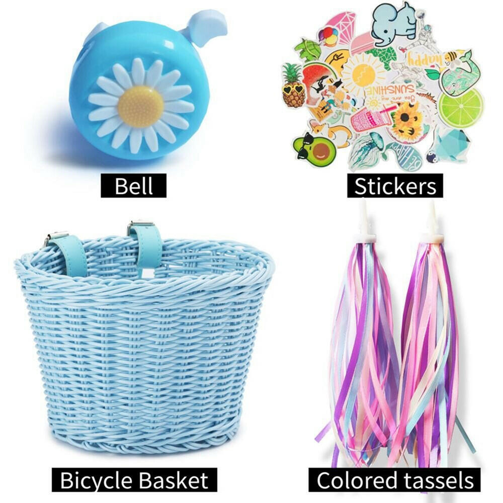 Bicycle Basket Streamers Set Bell And Stickers Girls Children's Bike Handlebar Wicker Basket with Colorful Cycling Streamers-WAYBIKER