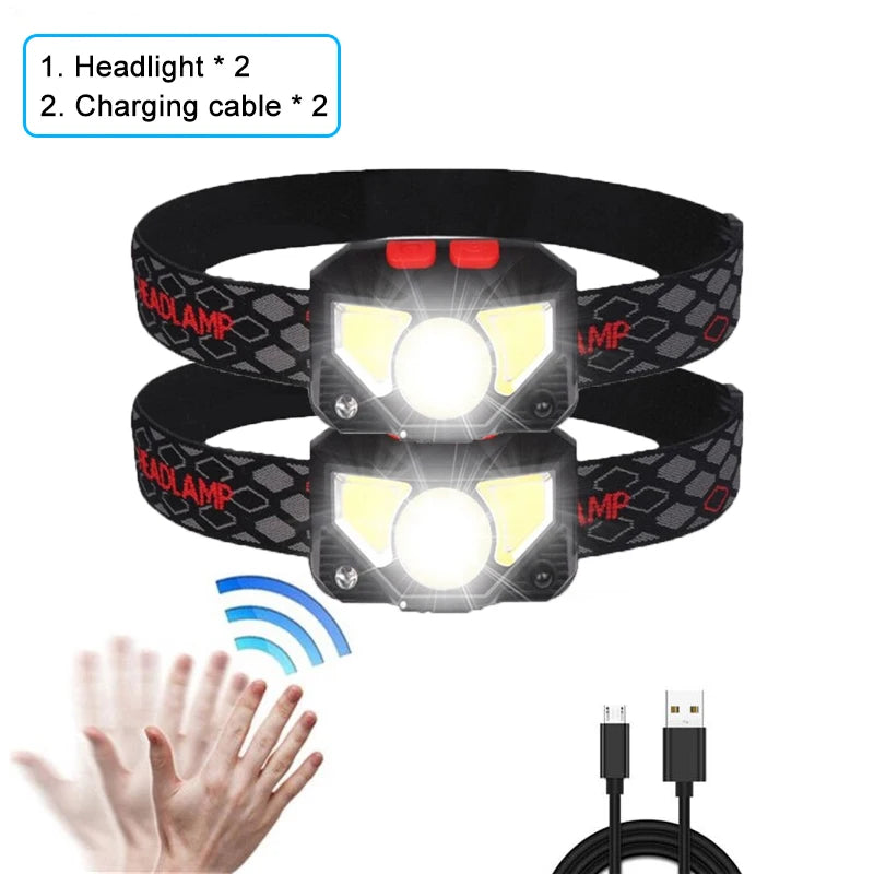 8 Modes Handfress Motion Sensor Powerful LED Headlight Headlamp Head Lamp COB Flashlight Torch Head Light For Camping, Fishing-WAYBIKER