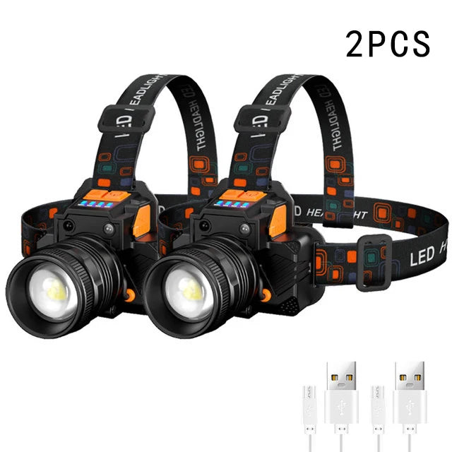 T6 LED Sensor Headlight High Power Rotary Zoom Headlamp Built-in Battery USB Rechargeable Waterproof Outdoor Camping Flashlight-WAYBIKER