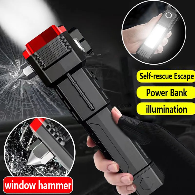 USB Charging Super Bright LED Flashlight with Safety Hammer Side Light Torch Light Portable Lantern Outdoor Adventure Lighting-WAYBIKER