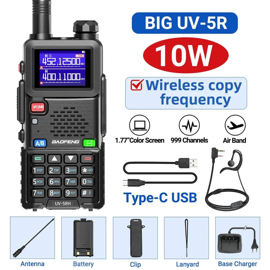 Baofeng UV-5RH 10W Air Band Walkie Talkie Wirless Copy Frequency 999CH Tri-power Type-C USB Long Range UV-5R Ham Two Way Radio-WAYBIKER