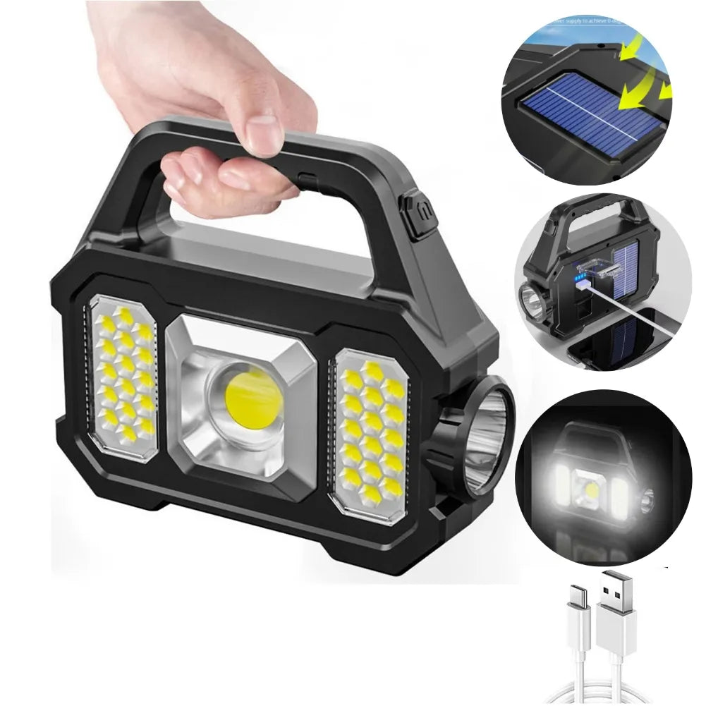 Super Bright Solar LED Camping Flashlight With COB Work Lights USB Rechargeable Handheld 6 Modes Solar Powered Lanterns