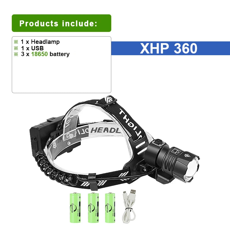 Ultra XHP360 Powerful Headlamp 18650 USB Rechargeable LED Head Lamp High Power Headlight IPX6 Waterproof Fishing Head Flashlight-WAYBIKER