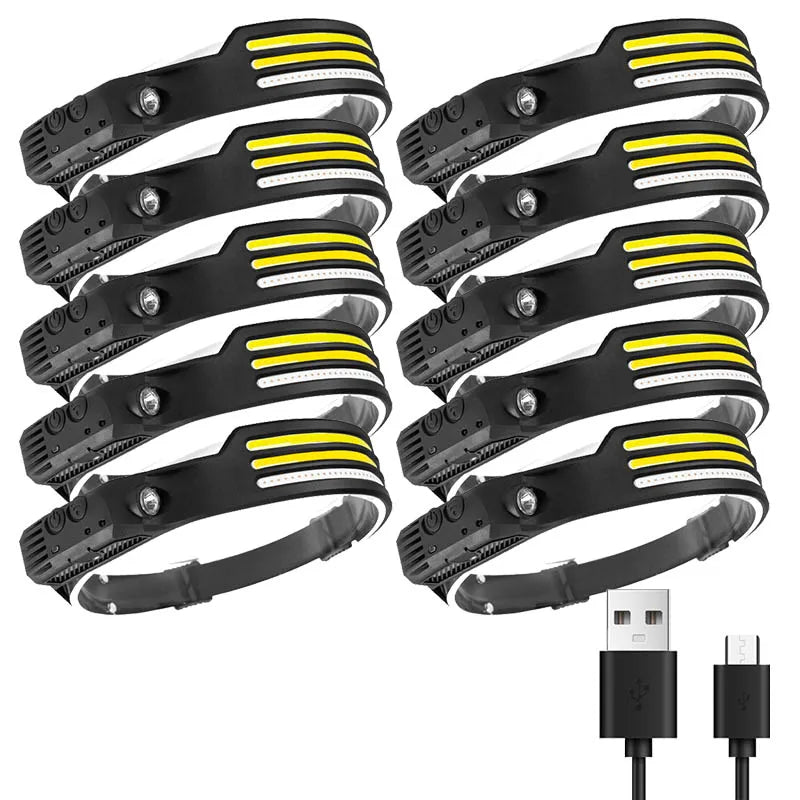 Multifunctional induction headlights 3 COB White red yellow light USB Rechargeable Head Torch 10 Lighting Modes Head Light-WAYBIKER