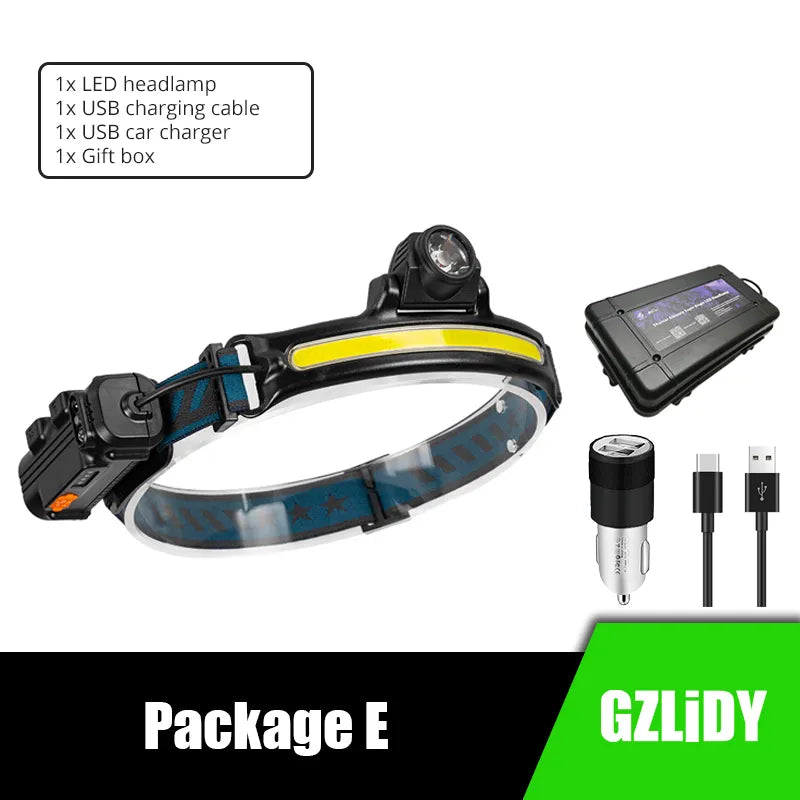 IR Sensor COB Headlamp Powerful USB Lantern Lamp Waterproof LED Headlight Fishing Head Torch 6 Modes 2000mAh 18650 Flashlight-WAYBIKER