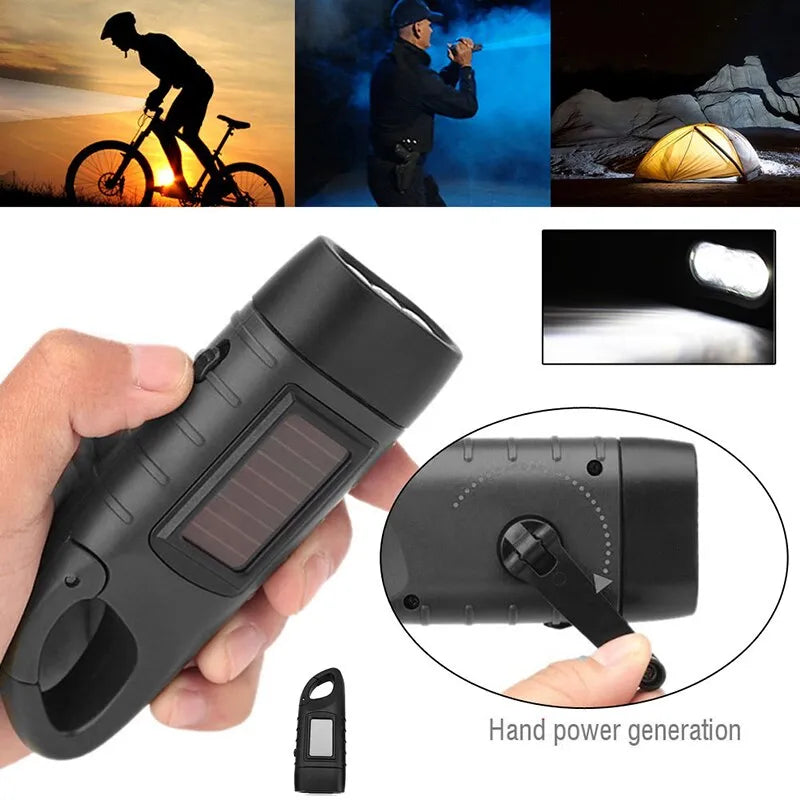 LED Flashlight Hand Crank Charging Solar Powered Rechargeable Survival Gear Self Powered Charging Hiking Torch Dynamo