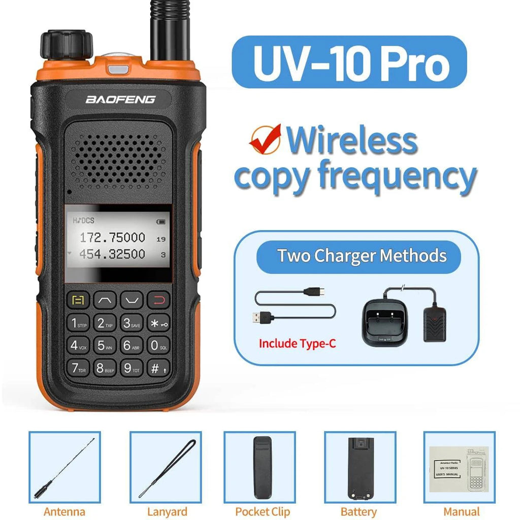 Baofeng UV-10 Pro Walkie Talkie Wireless Copy Frequency Dual Band 999CH Type-C Long Range High Power UV-5R Ham Two Way Radio-WAYBIKER