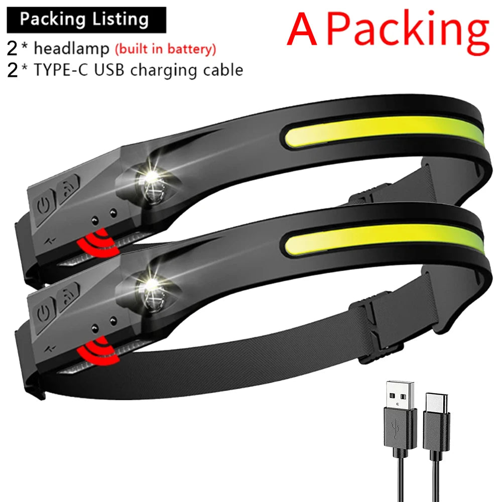 LED Induction Headlamp COB Headlight Built-in 1200mAh Lithium Battery Rechargeable Portable 5 Modes Warning Head Torch-WAYBIKER