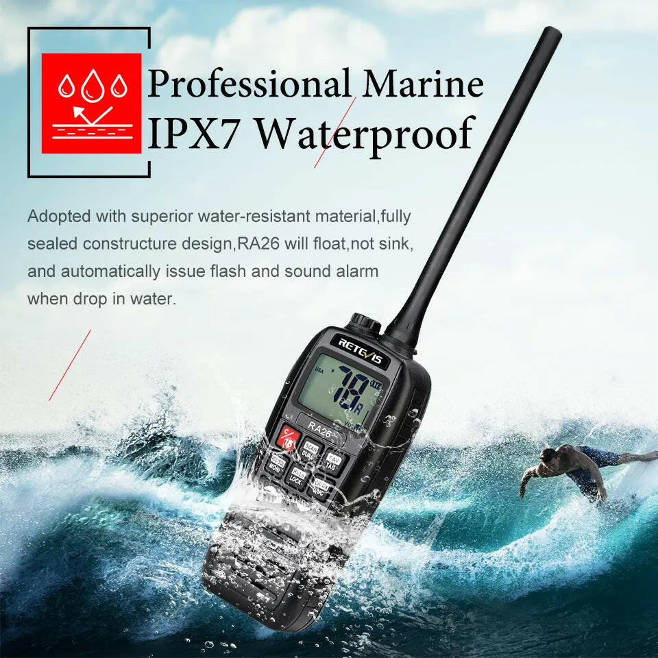 Retevis RA26 Portable VHF Marine Radio Floating Walkie Talkie Waterproof IP67 5W Vibration Water Draining Long Range VHF Radio-WAYBIKER