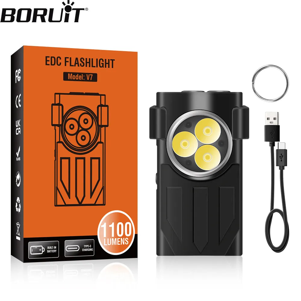 BORUiT V7 LED EDC Keychain Flashlight Type-C Rechargeable Portable Work Light Mini Torch with Clip UV Camping Pocket Lantern