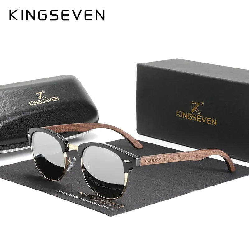 KINGSEVEN 2023 Quality Upgrade Walnut Wooden Sunglasses Men Polarized Semi-Rimless UV400 Protection Retro Eyewear Women-WAYBIKER