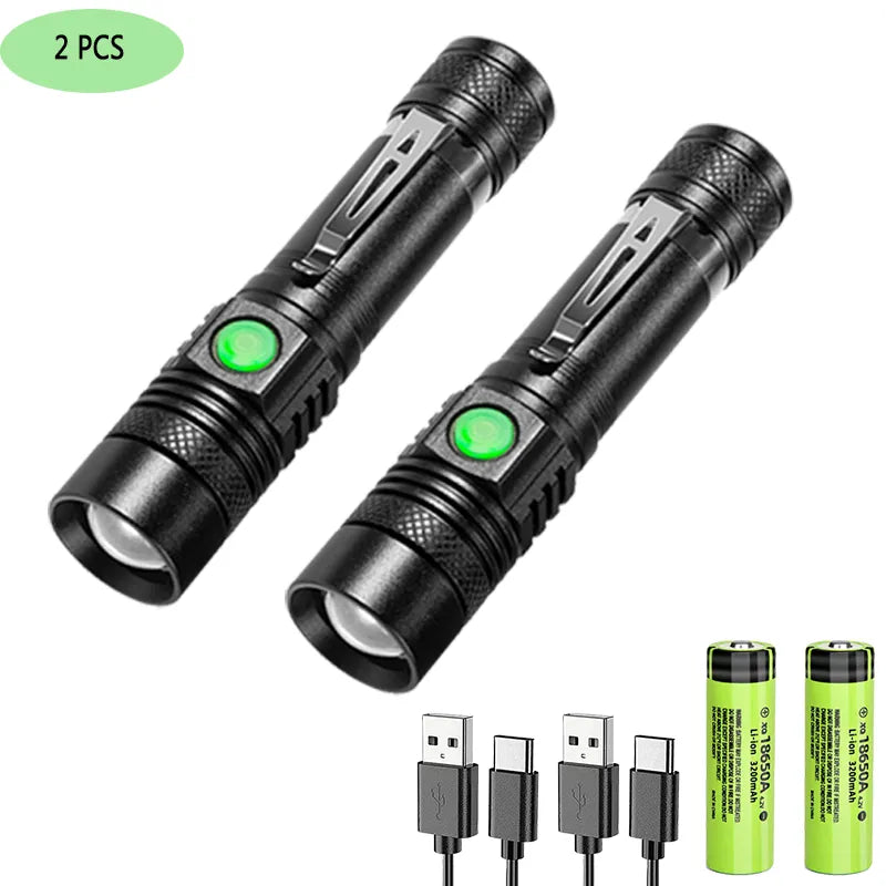 Super Bright T6 LED Lamp Beads Flashlight External 18650 Battery Flash Light  Waterproof Torch Zoom 3 Lighting Modes USB Charger-WAYBIKER