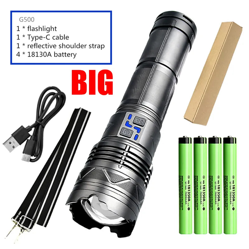 Super Bright LED Flashlight Zoom Long Range Tactical Torch USB Rechargeable With Power Display Outdoor Camping Hiking Lantern-WAYBIKER