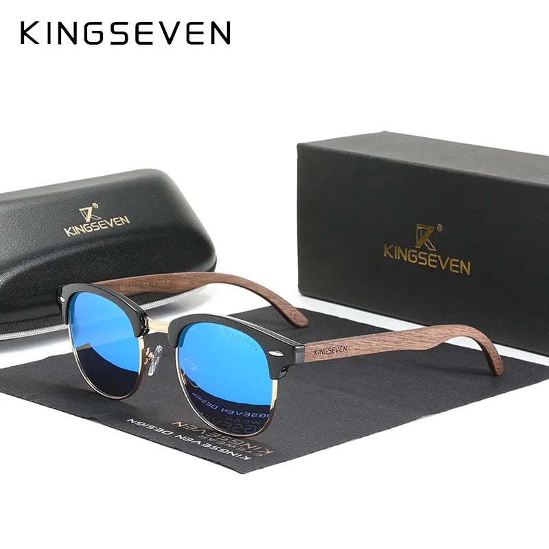 KINGSEVEN 2023 Quality Upgrade Walnut Wooden Sunglasses Men Polarized Semi-Rimless UV400 Protection Retro Eyewear Women-WAYBIKER
