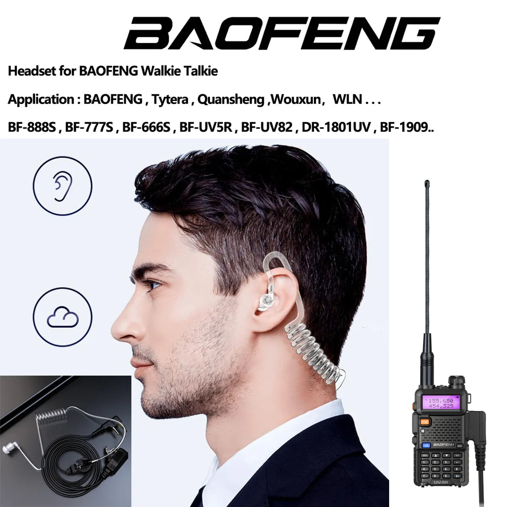 Baofeng Acoustic Headset  For Walkie Talkie BF-888S UV-5R UV-82 UV-S9 Plus Air Tube Earpiece UV-16 Max UV-13Pro Two Way Radio-WAYBIKER