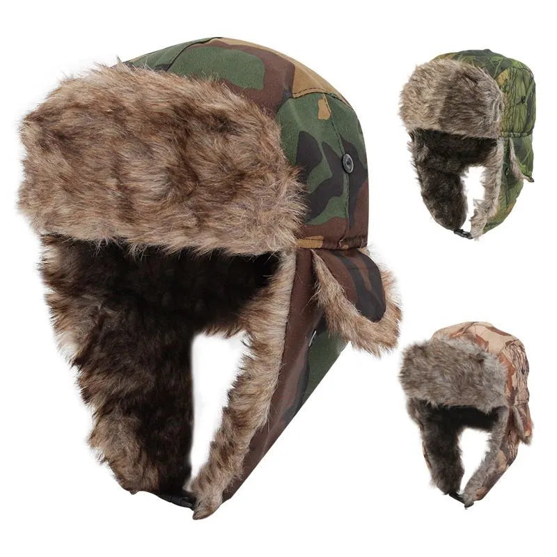 2023 Camouflag Winter Faux Fur Warm Men Women Lei Feng BomberEar Flap Cap Windproof Cycling Trooper Trapper Cold Anti-snow Hats-WAYBIKER
