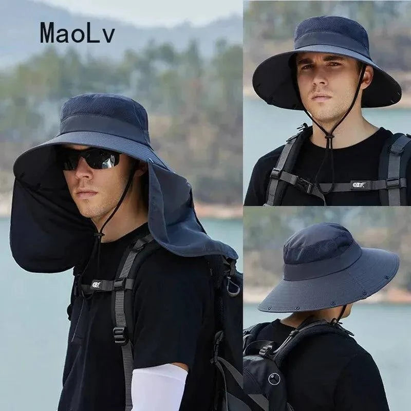 Summer Sun Hats Double Layer UV Protection Fishing Hunting Outdoor Cap Men Hiking Camping Visor Hat Removable Fisherman Hat-WAYBIKER