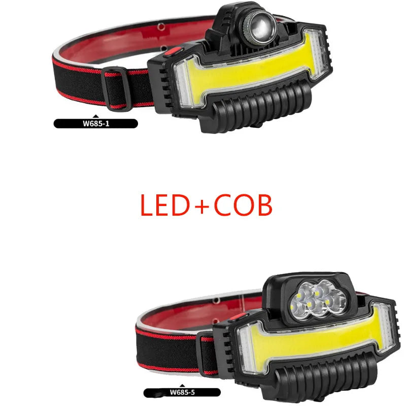 COB Glare Headlight Type-C Charging Outdoor Warning Red and Blue Flashing Variable Zoom LED Headlamp with Built-in Battery-WAYBIKER