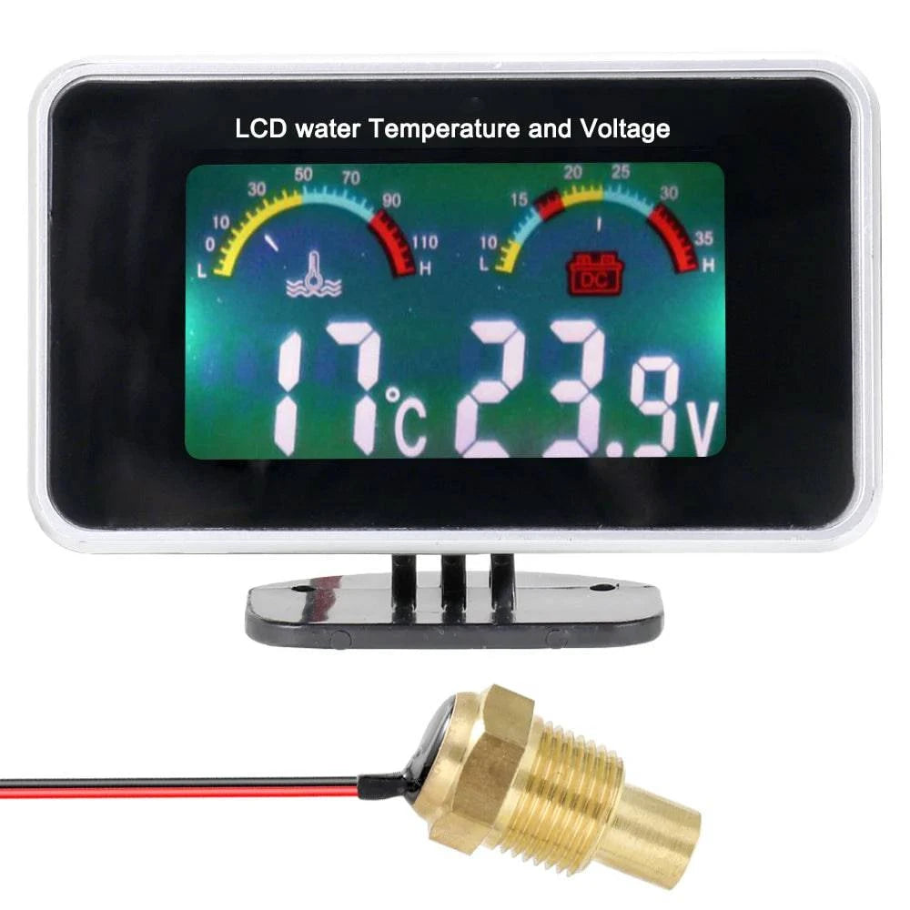 Car LCD Digital Display Water Temperature Meter Thermometer Voltmeter Gauge 2in1 Temp & Voltage Meter 1/8 10mm Thread Sensor-WAYBIKER