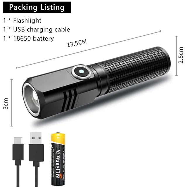 Powerful Mini Portable Alloy Variable-focus LED Flashlight Uses 18650 Battery USB Rechargeable Waterproof Outdoor Camping Torch-WAYBIKER