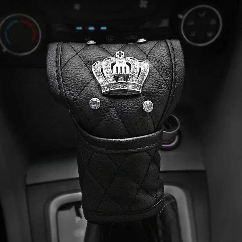 Car Seat Belt Cover Leather Seat Belt Shoulder Pad Crown Crystal Rhinestones Diamond Shifter Gear Cover Hand Brake Covers Sets-WAYBIKER