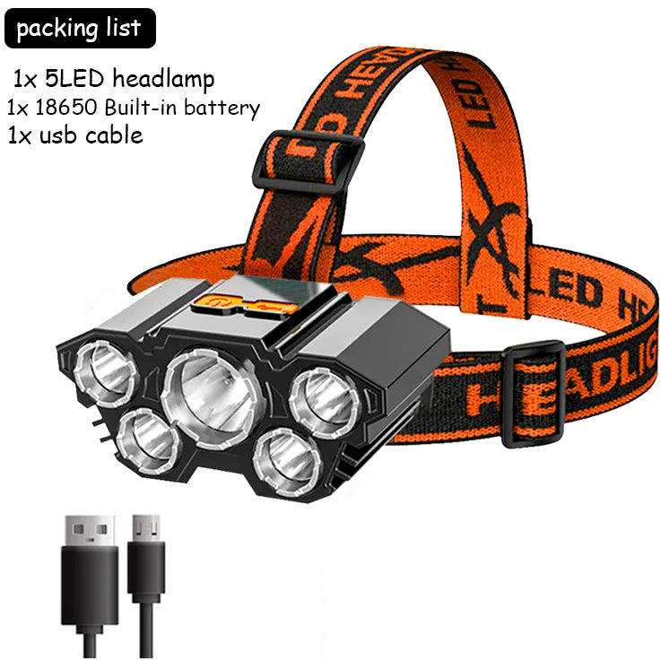 High Power 5 LED Flashlight Rechargeable With Built In 18650 Battery Strong Light Camping Adventure Fishing Head Light Headlamp-WAYBIKER