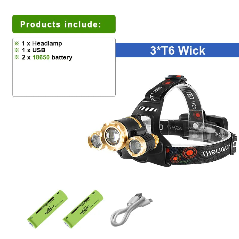 Rechargeable Led Headlight 3T6 Most Powerful USB Led Headlamp 18650 Waterproof Zoomable Head Lamp 4Modes Super Bright Head Light-WAYBIKER