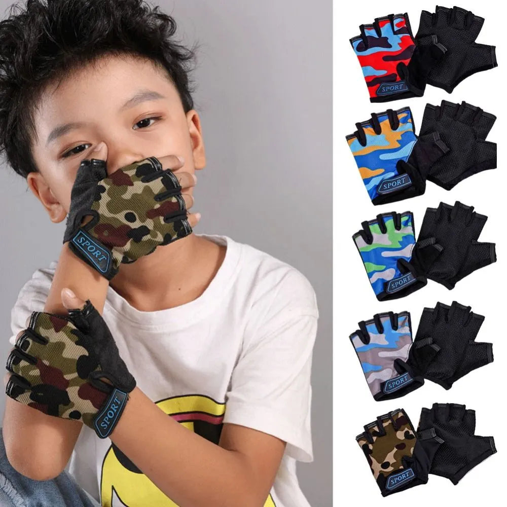 Children Cycling Gloves Half Finger Bicycle Gloves High Elastic Non-slip Bike Gloves Camouflage Bike Gloves Riding Mittens-WAYBIKER