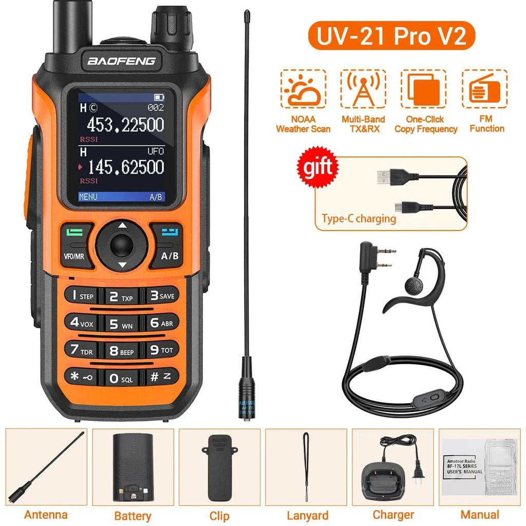 Baofeng UV-21 Pro V2 Walkie Talkie Wireless Copy Frequency Type-C Charger Long Range Waterproof Flashlight UV-5R Ham Radio-WAYBIKER
