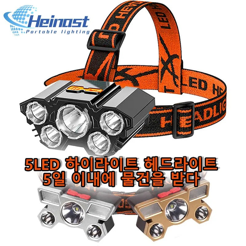 USB Rechargeable Headlamp Portable 5LED Headlight Built In Battery Torch Portable Working Light Fishing Camping Head Light-WAYBIKER