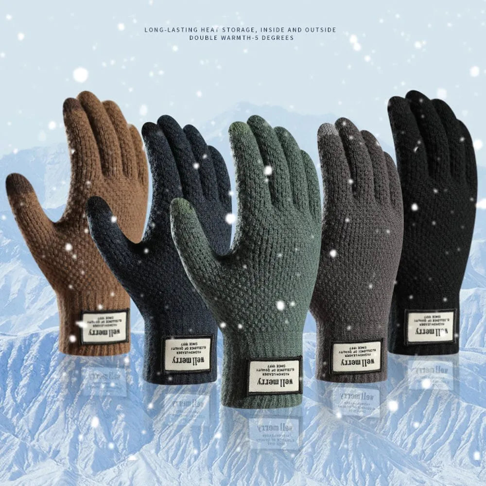 Winter Men Knitted Gloves Touch Screen Cycling Mittens Thicken Warm Wool Cashmere Solid Business Gloves Autumn Winter-WAYBIKER