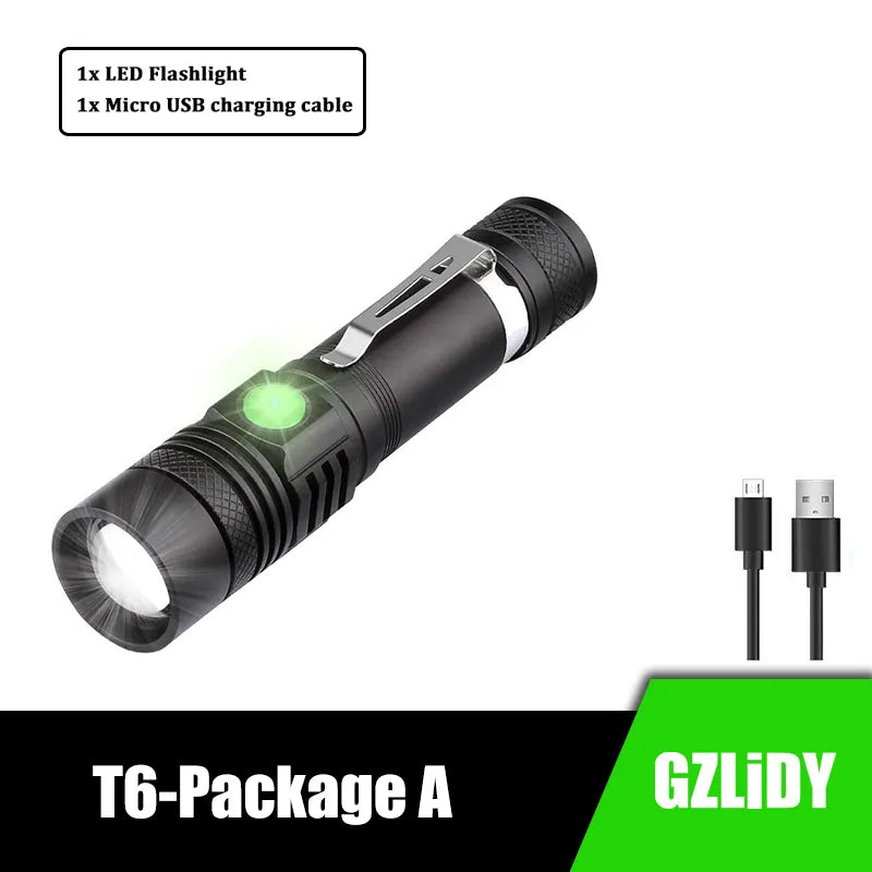 USB Rechargeable LED Flashlight Super Bright V6 Tactical Torch 4 Lighting Modes Zoomable Lamp Waterproof 18650 Camping  Lantern-WAYBIKER