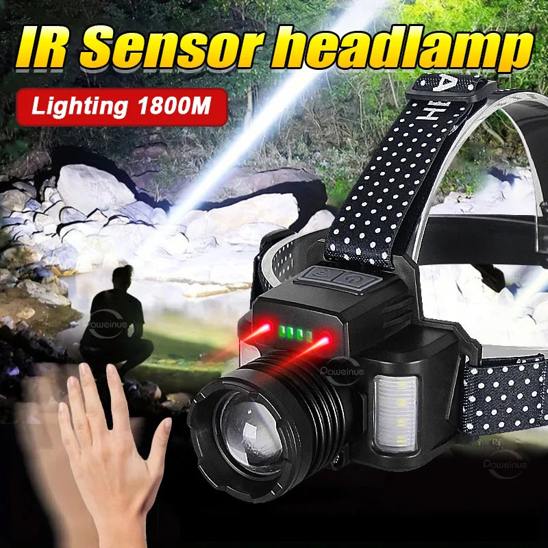 Most Powerful IR Sensor Headlamp 1800M Rechargeable LED Headlight Super Bright Head Flashlight Long Shot Head Lamp Fishing Torch-WAYBIKER