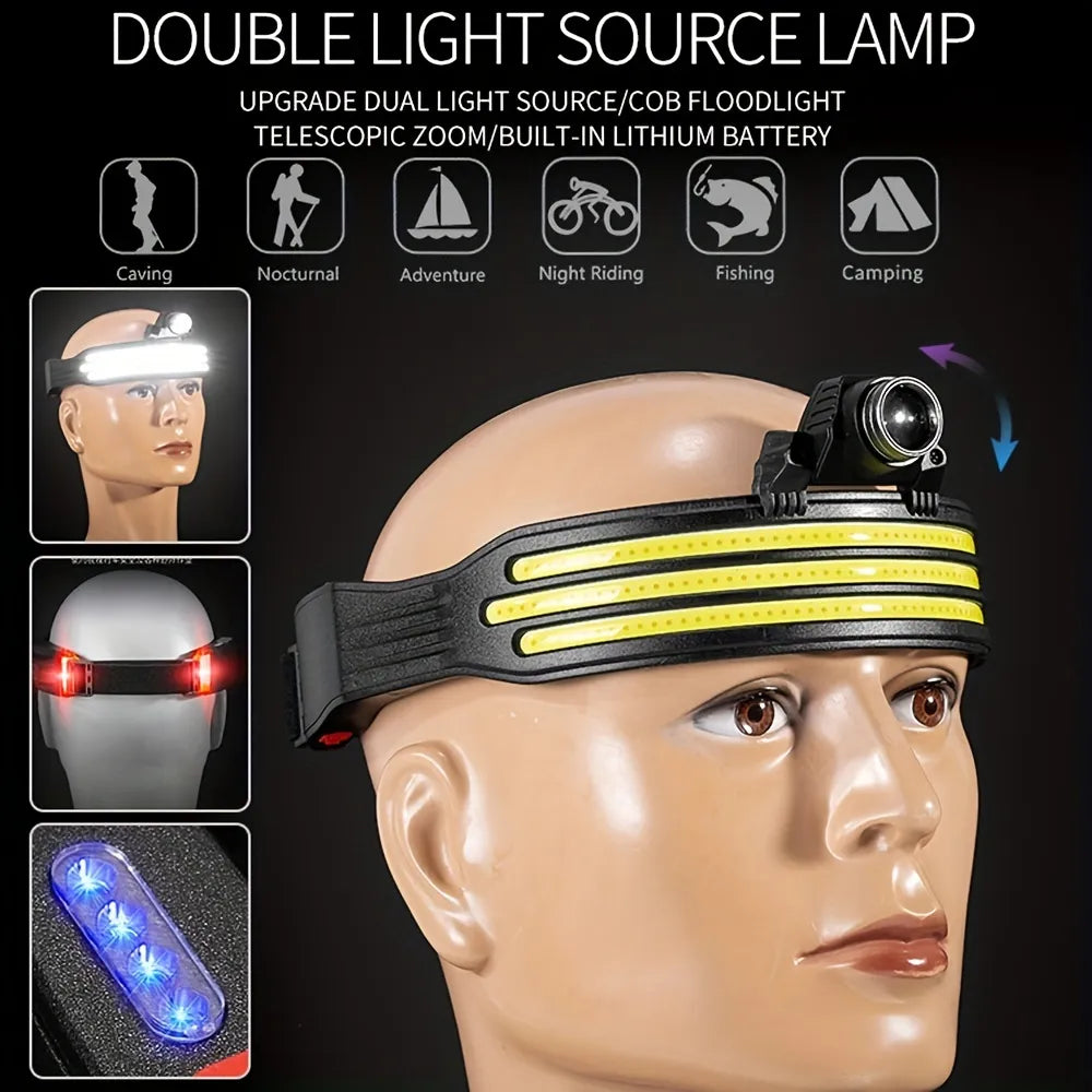 2023 New Trendy LED Headlamp Mini Multifunctional With Warning Headlight COB Outdoor Adventure Fishing Bright Light Flashlight