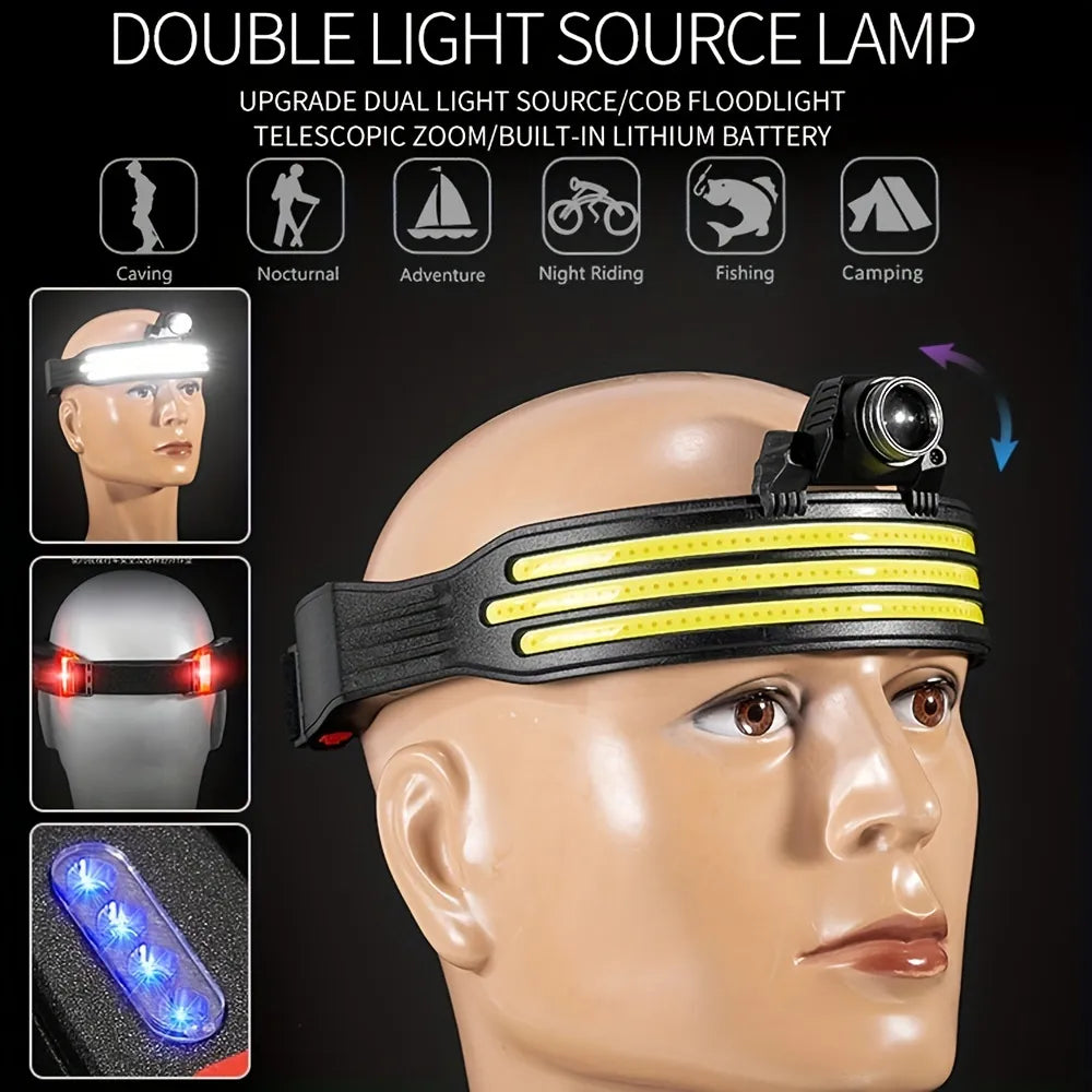 2023 New Trendy LED Headlamp Mini Multifunctional With Warning Headlight COB Outdoor Adventure Fishing Bright Light Flashlight-WAYBIKER