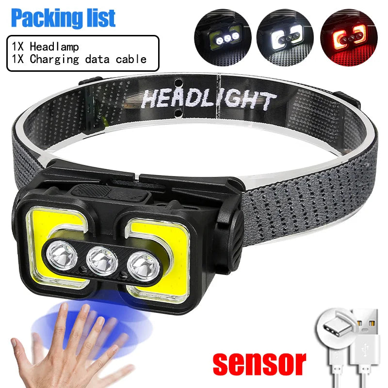 Super Bright Led Headlamp Portable COB Sensor HeadLight With 18650 Battery USB Rechargeable Head Flashlight For Fishing Camping-WAYBIKER