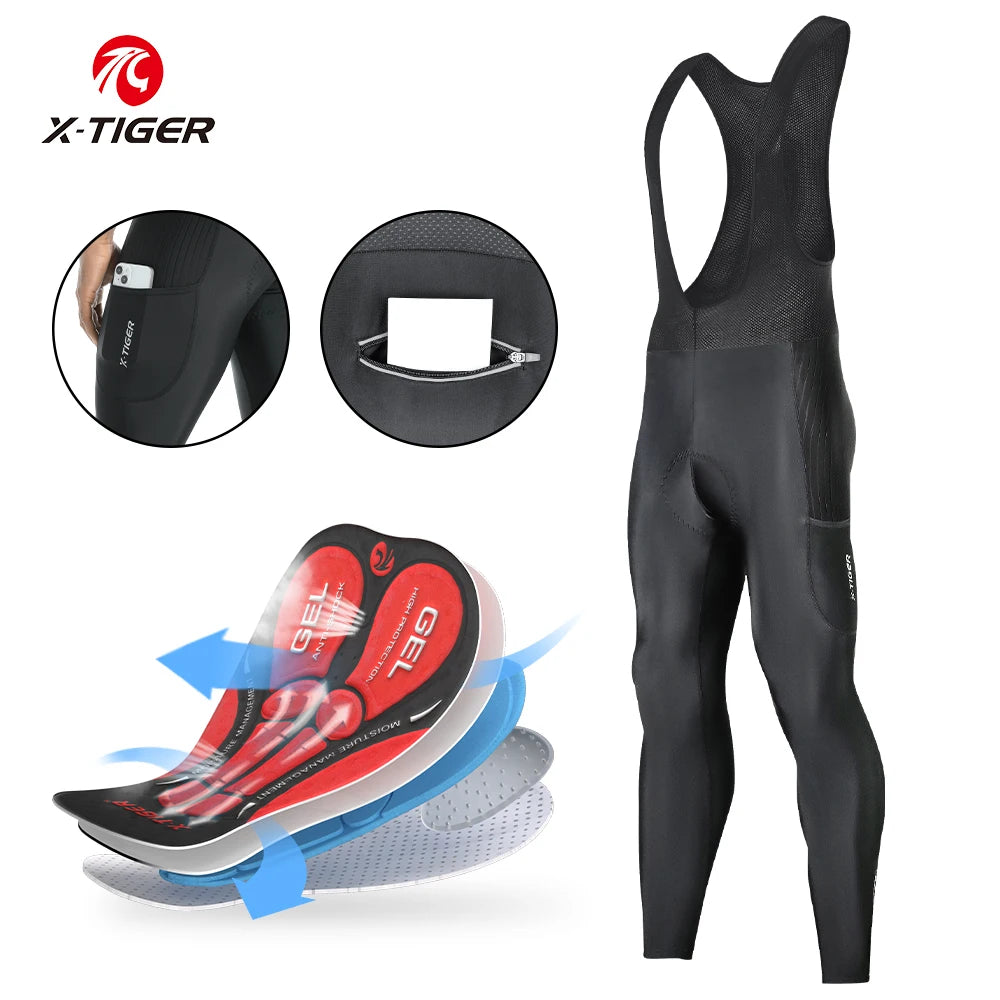 X-TIGER Men's Cycling Bib Pants Three Pockets Breathable Shock 5D gel Pad TMB Mountain Road Cycling Pants Cycling Equipment