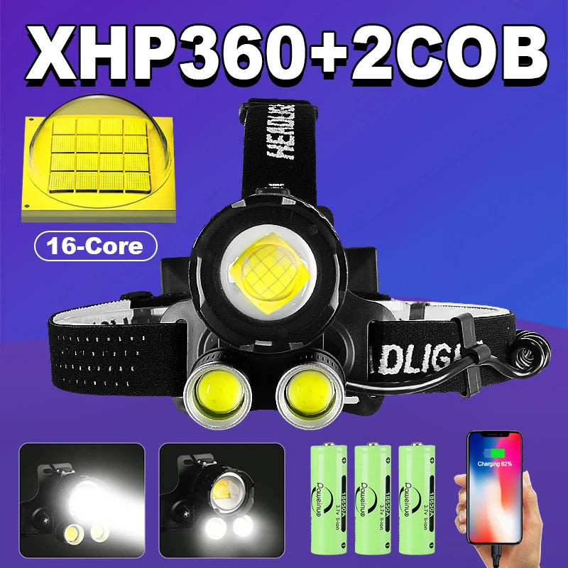 Most Powerful XHP360 Led Headlamp Headlight 18650 USB Rechargeable Head Flashlight 2COB Light Outdoor Camping Fishing Head Lamps-WAYBIKER