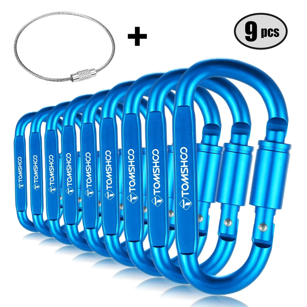 9 Pack Aluminum Alloy D-ring Locking Carabiner Clip Set Screw Lock Hanging Hook Buckle Keychain with Steel Wire Ring-WAYBIKER