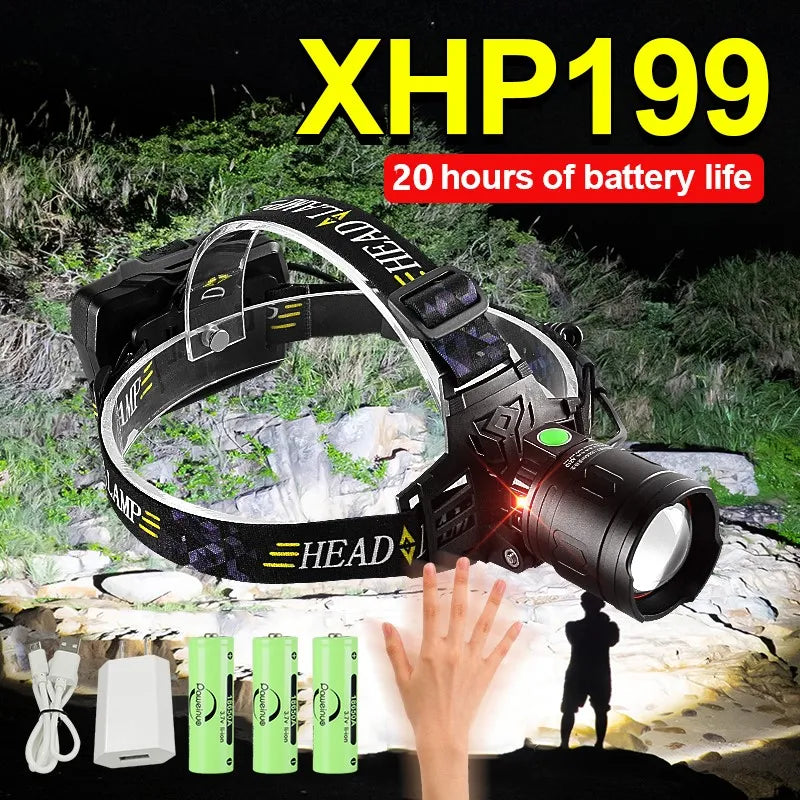 2023 Super XHP199 Powerful Headlamp Rechargeable Head Flashlight High Power Head Lamps XHP90 Led Headlight 18650 Fishing Lantern-WAYBIKER