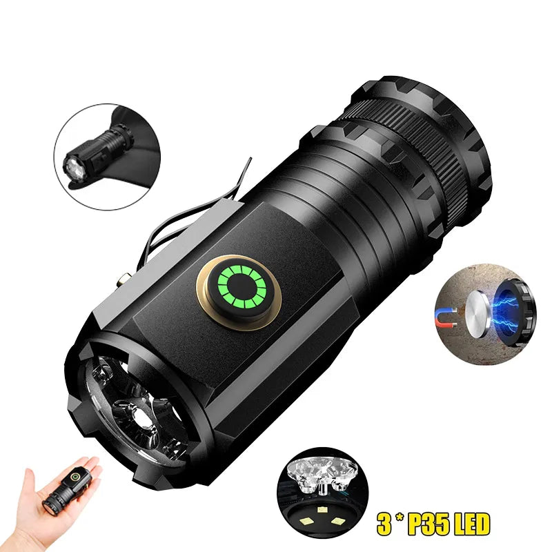 2000LM Powerful 3 LED Mini Flashlight Built-in Battery USB Rechargeable Waterproof Torch With Magnet Outdoor Camping Lantern-WAYBIKER