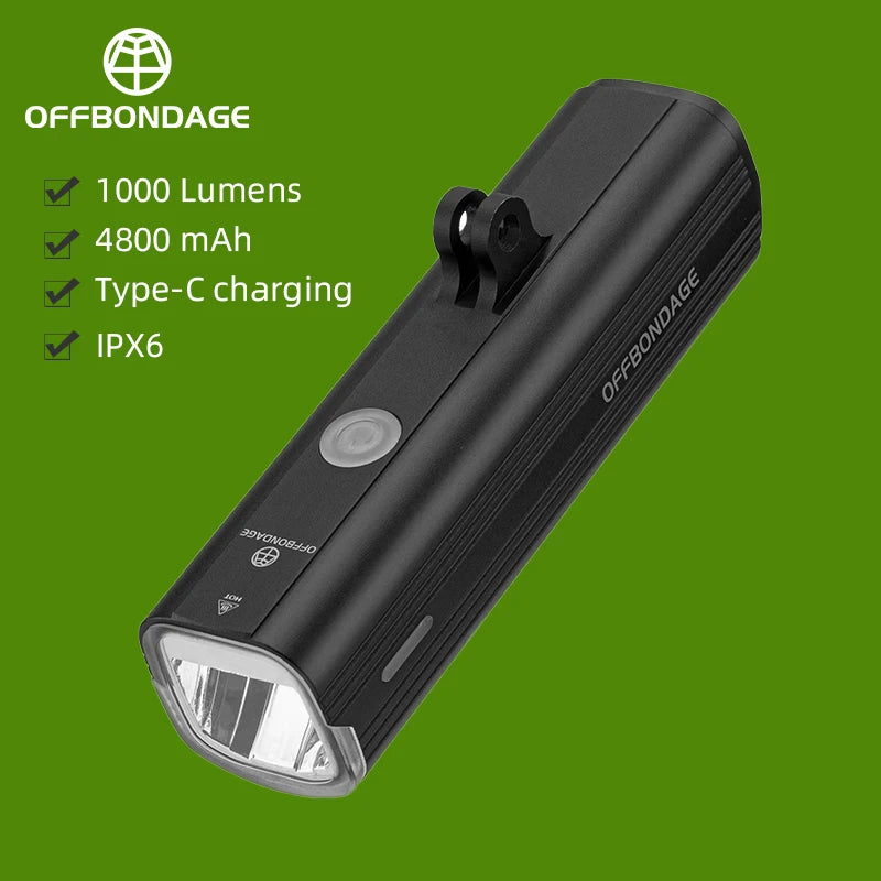 OFFBONDAGE Bike Front Light Rainproof USB Rechargeable Bicycle Light 1000LM Cycling Headlight LED 4800mAh Flashlight Bike Lamp