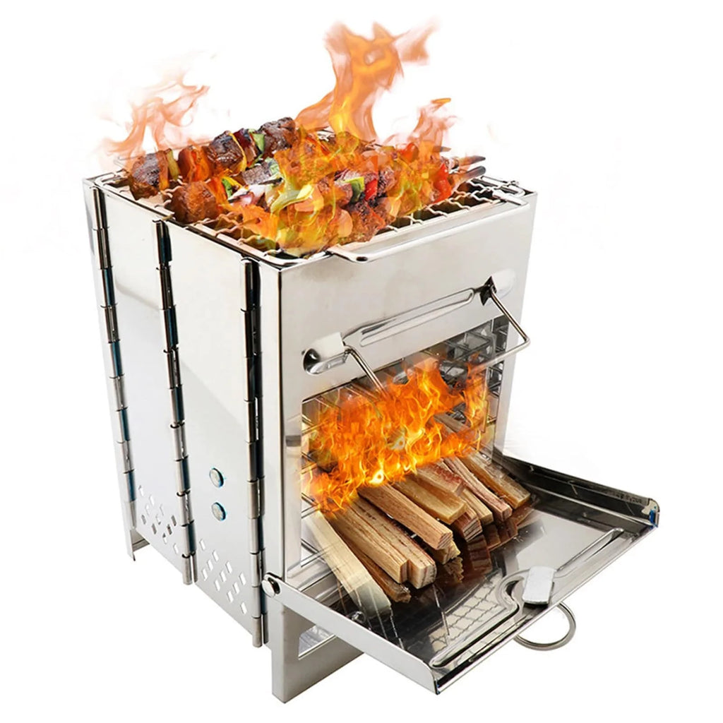 Wood Stove Stainless Steel Foldable Mini Charcoal Grill Lightweight Barbecue Grill for Camping Garden Outdoor Picnic BBQ-WAYBIKER