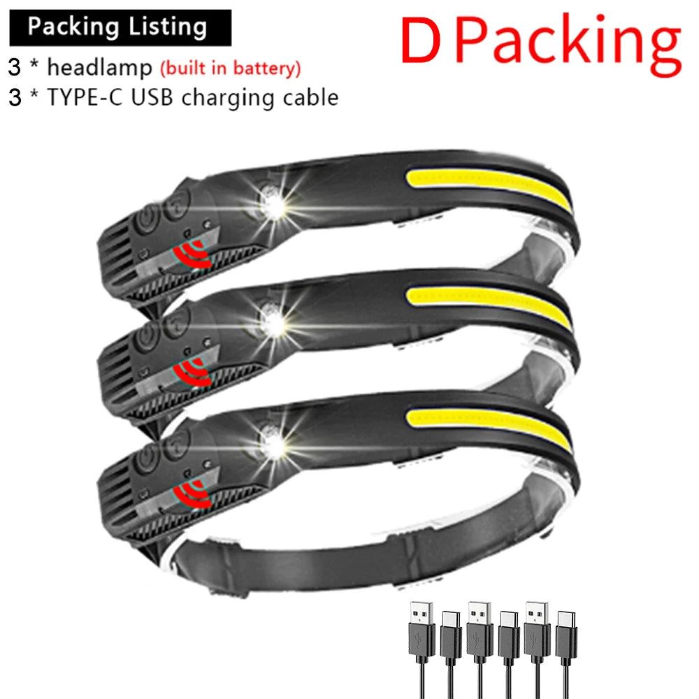 LED Induction Headlamp COB Headlight Built-in 1200mAh Lithium Battery Rechargeable Portable 5 Modes Warning Head Torch-WAYBIKER