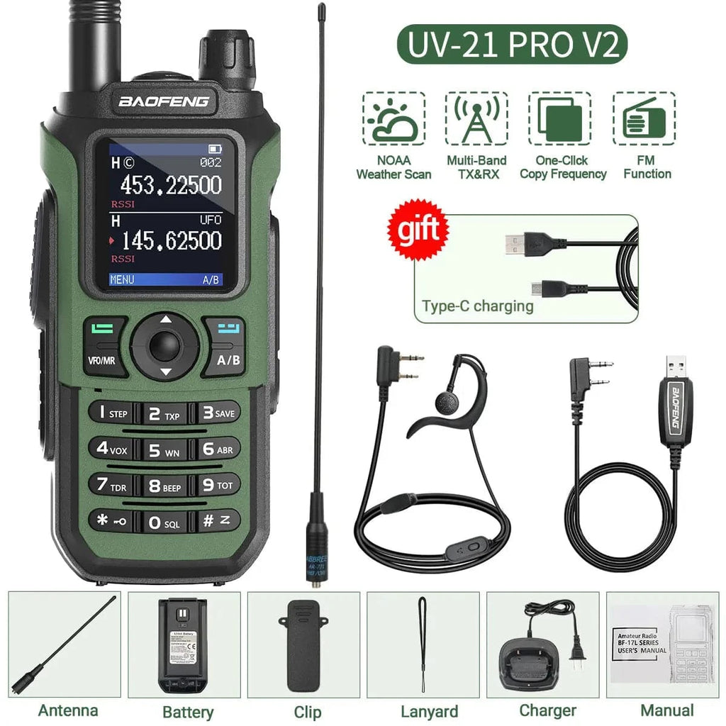 Baofeng UV-21 Pro V2 Wireless Copy Frequency Walkie Talkie Tri Band Waterproof 16 KM Long Range Type-C Charger UV 5R Ham Radio-WAYBIKER