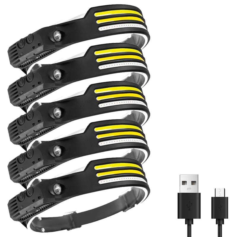 Multifunctional induction headlights 3 COB White red yellow light USB Rechargeable Head Torch 10 Lighting Modes Head Light-WAYBIKER