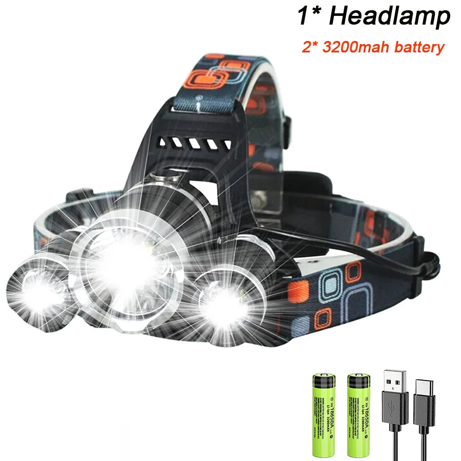 1-5PCS LED Headlamp 4-Mode Waterproof Headlight USB Rechargeable 18650 Head Torch for Camping Hunting-WAYBIKER